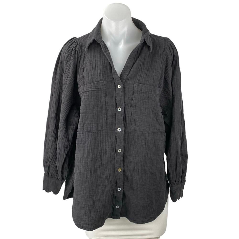 Topshop Women's Dark Gray Long Balloon Sleeve Pocket Button Up Shirt Top Size 2